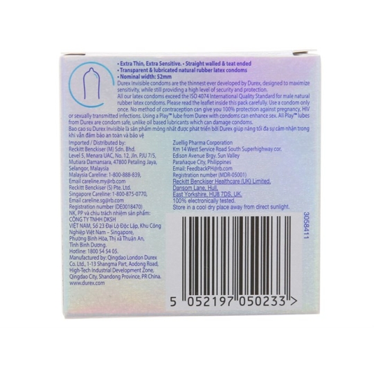 Hộp 3 cái BCS siêu mỏng, tăng cảm xúc Durex Invisible Extra Thin Extra Sensitive